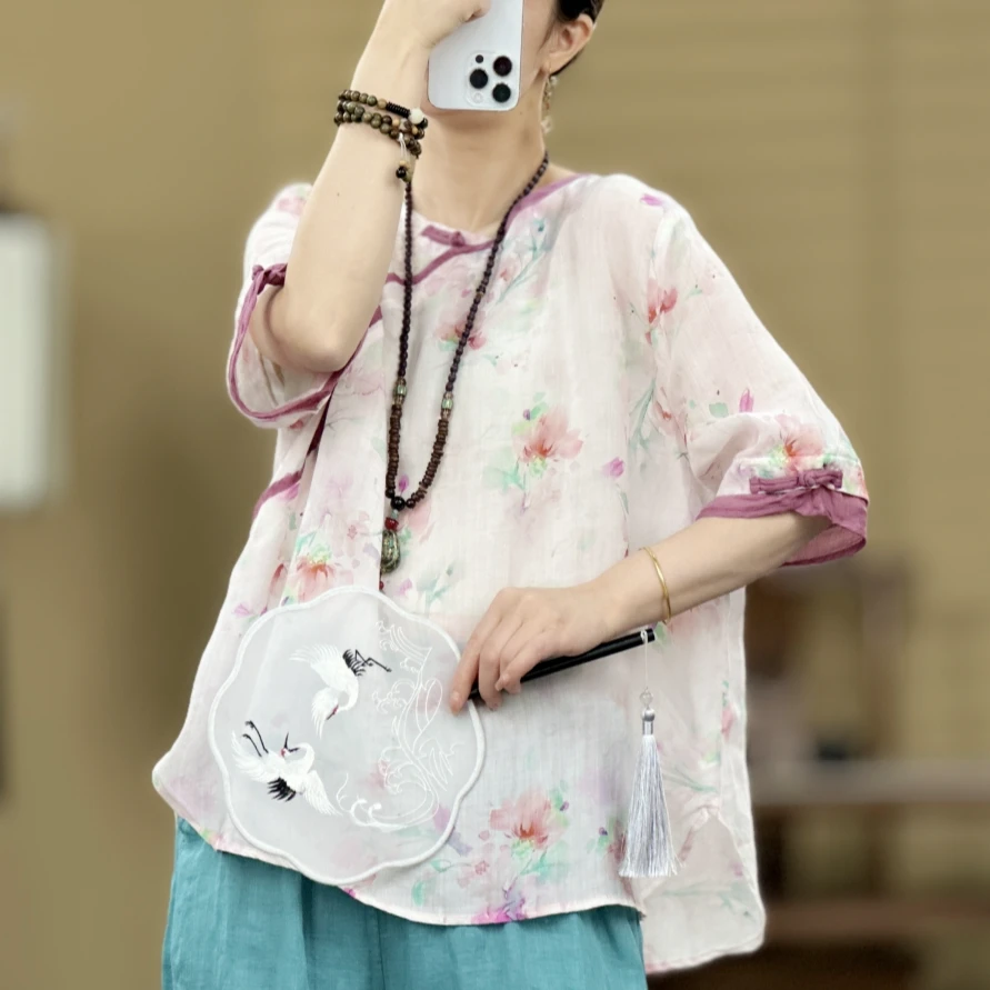 束心夏装新款新中式圆领盘扣五分袖衬衫女苎麻拼接印花禅意上衣女