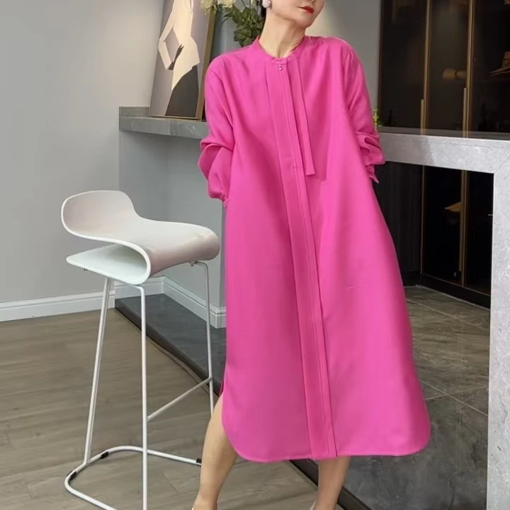 显瘦气质长袖百搭宽松纯色中长款连衣裙0238