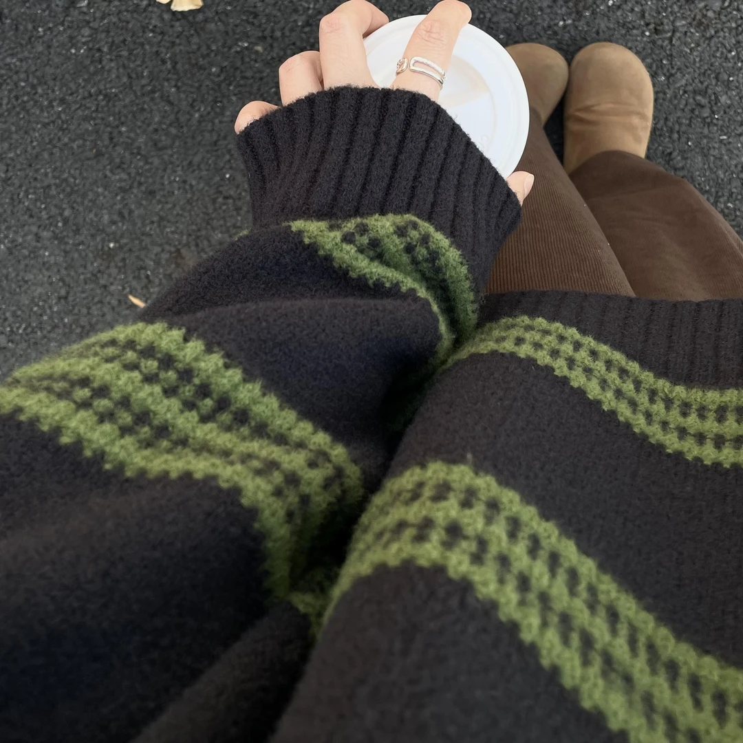 韩系条纹撞色毛衣女秋冬新款高级感宽松慵懒风软糯内搭针织衫上衣