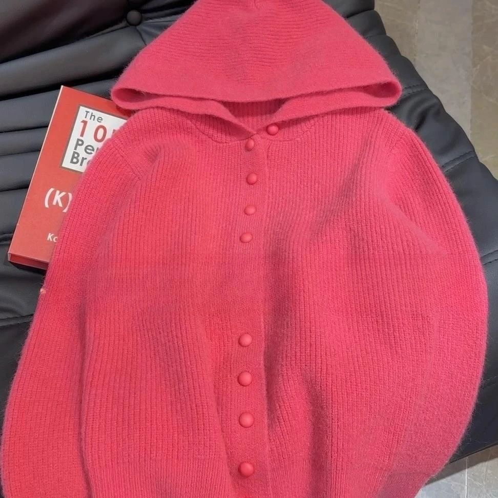 树莓粉连帽针织衫外套上衣女慵懒风百搭单排扣秋冬内搭毛衣开衫