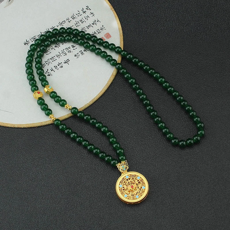 非金属铅玻璃项链 新中式国风绿琉璃串珠长款毛衣链