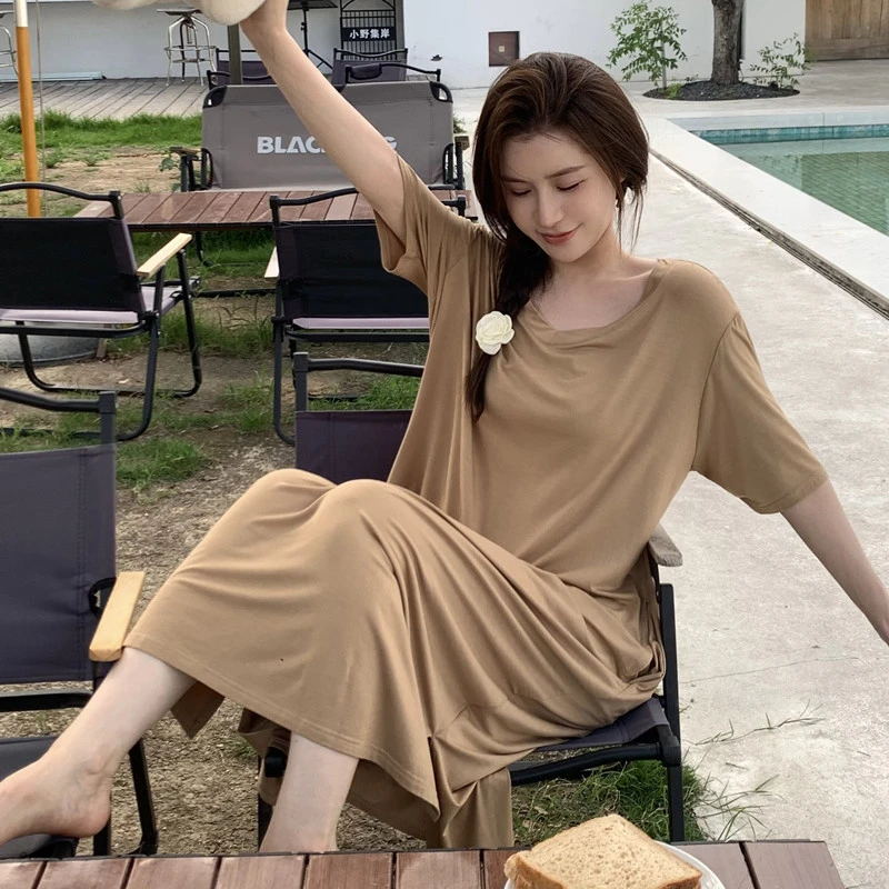 夏季短袖莫代尔睡裙可外穿中长款薄款大码显瘦气质网红简约纯色