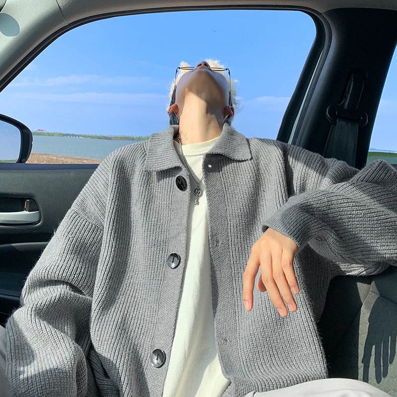 cleanfit灰色翻领开衫毛衣男春秋美式宽松痞帅休闲保暖针织衫外套