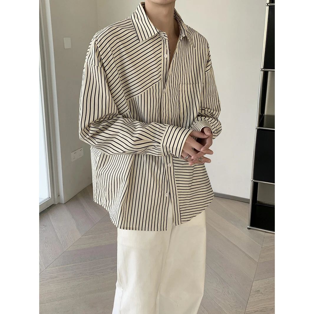 美式不规则条纹设计感衬衫男春秋潮牌小众痞帅高级感宽松衬衣外套