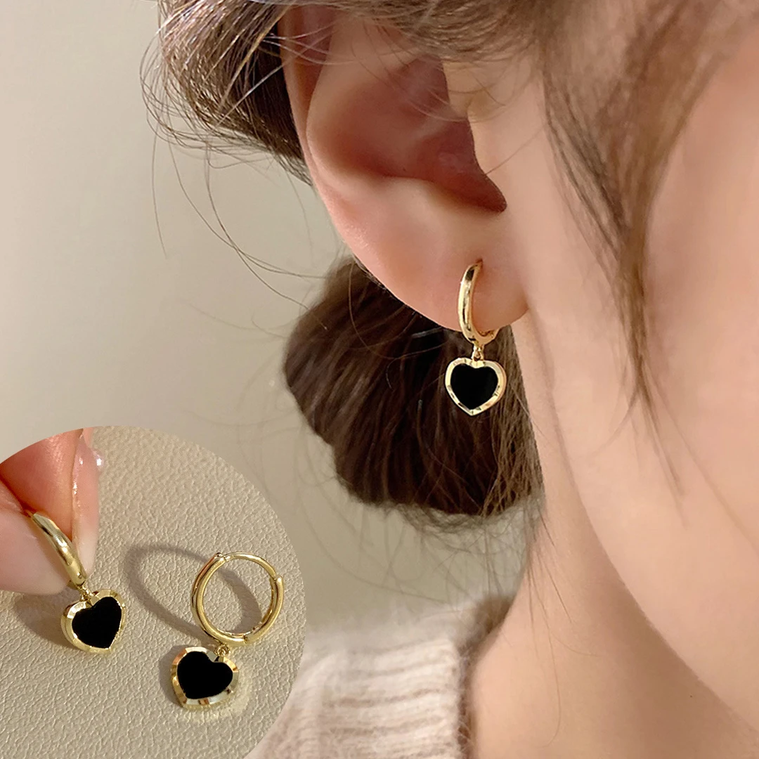 BAZAAR 铜合金耳饰 复古法式黑色爱心耳环气质高级感首饰ins饰品