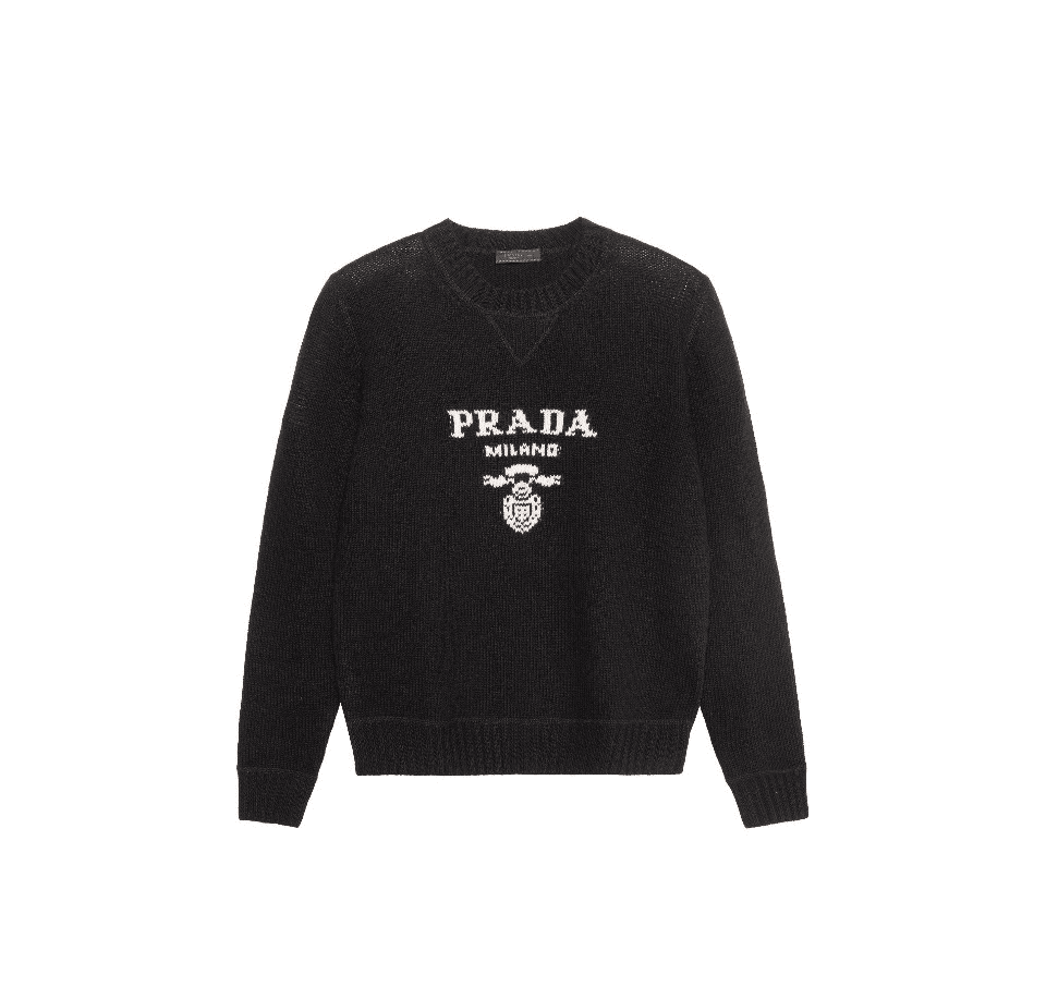 0607Prada普拉达字母提花针织套头黑色毛衣/40/99新