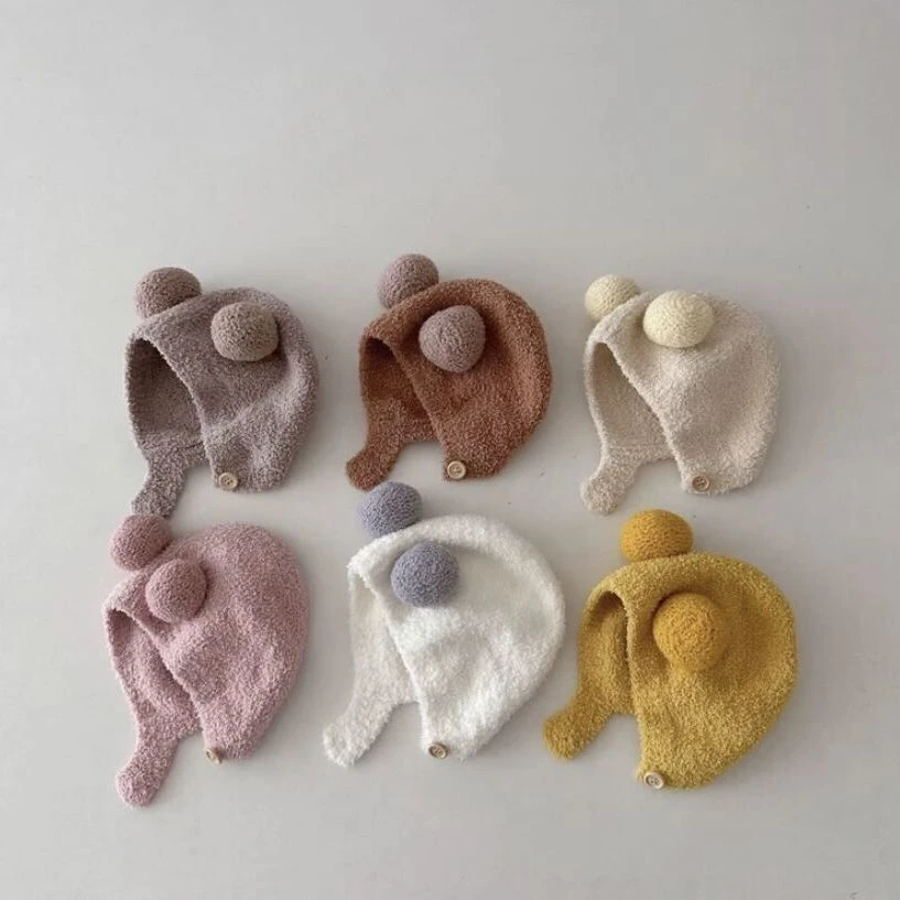 韩版ins秋冬新款宝宝护耳帽保暖防寒帽舒适婴儿双球软糯包头帽潮