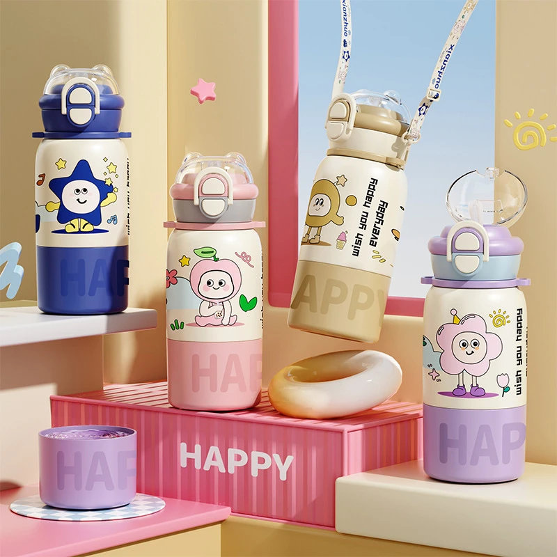 潮趣卡通316不锈钢三饮儿童保温杯高颜值大容量吸管便携可爱水杯