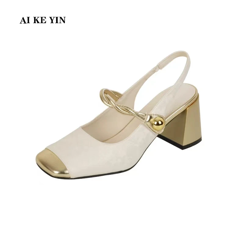【艾珂茵】春夏季新款方头印花拼接面后空方根高跟鞋气质百搭时尚