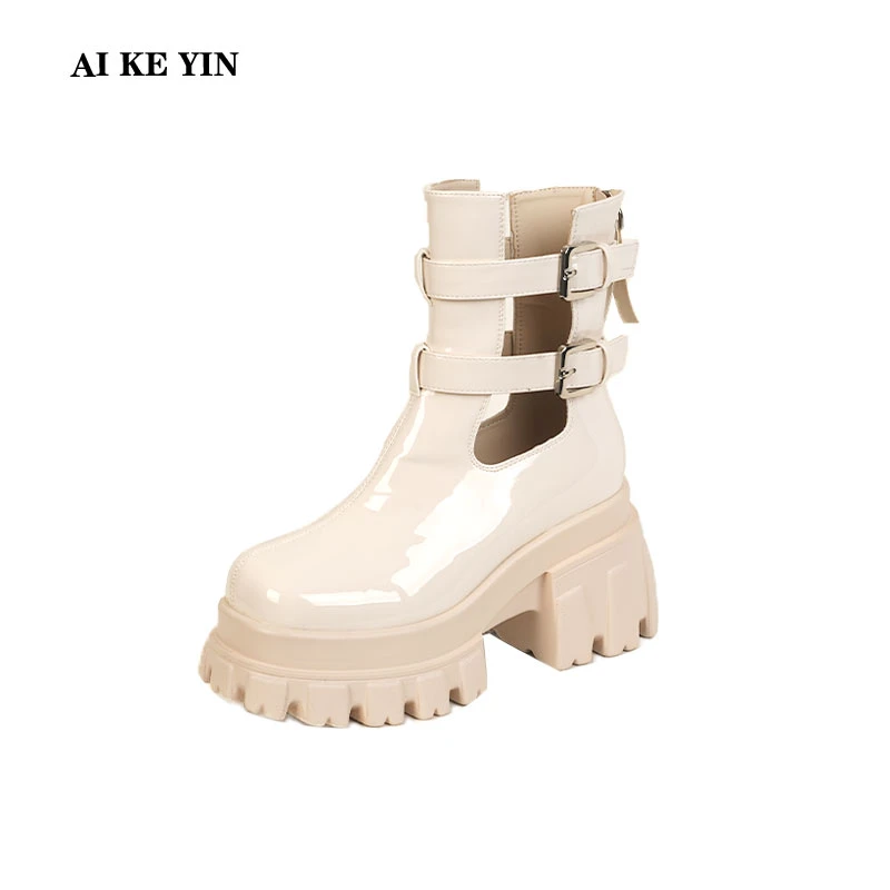 【艾珂茵】春季新款方头厚底金属皮带扣后拉链时装短靴亮面舒适时尚