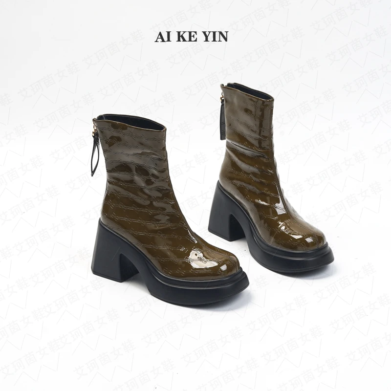 【艾珂茵】圆头厚底气质百搭后拉链印花时装短靴高跟粗跟时尚秋冬