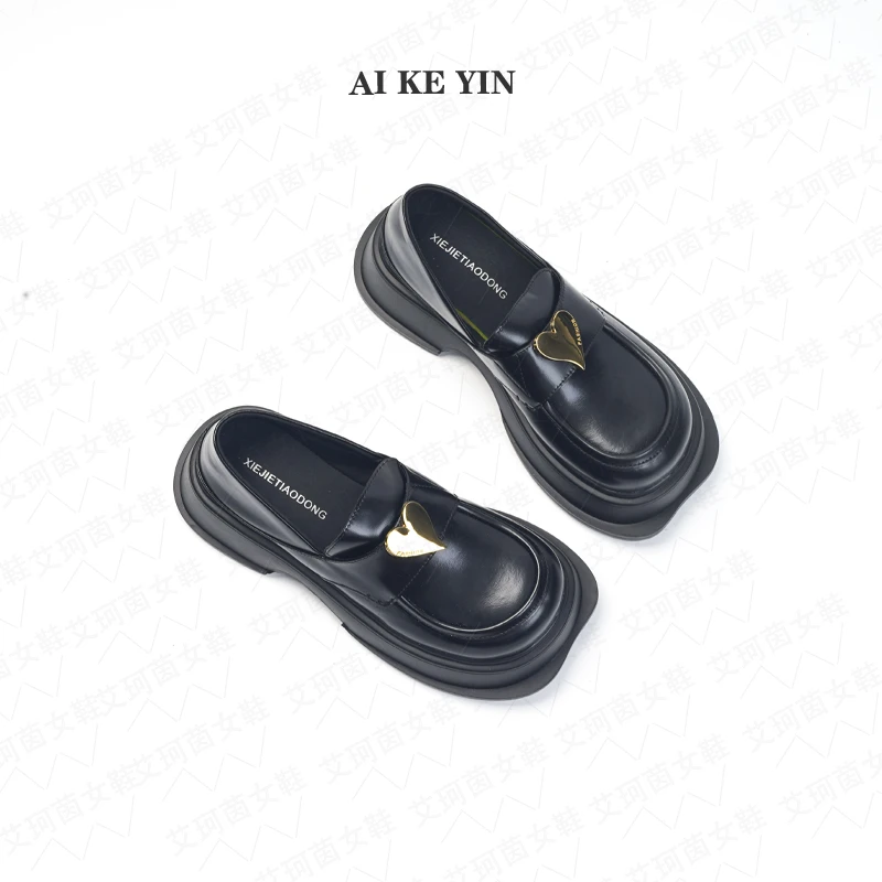【艾珂茵】秋季新款心形金属扣气质百搭黑色乐福鞋时尚休闲粗跟