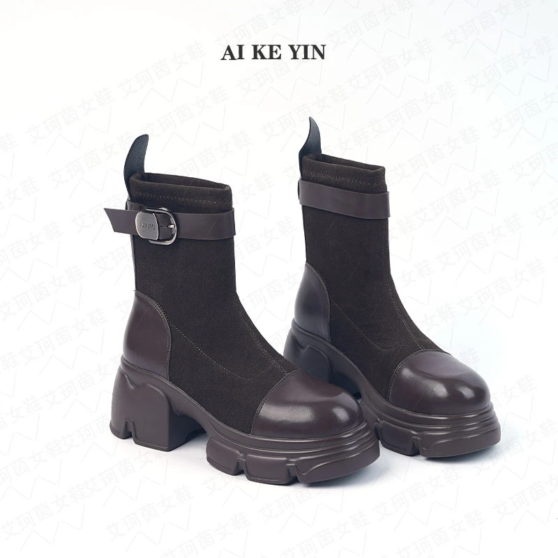 【艾珂茵】秋季新款圆头厚底气质无拉链金属皮带扣拼接面时装短靴
