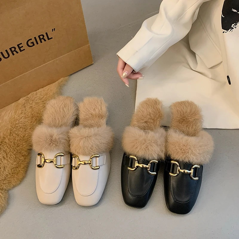 冬季优雅毛毛拖鞋女外穿加绒乐福鞋懒人半拖鞋法式穆勒鞋大码