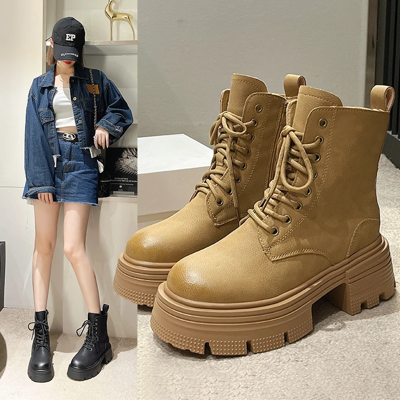 系带马丁靴女春秋短靴2024年新款单靴厚底大黄靴小个子复古瘦瘦靴