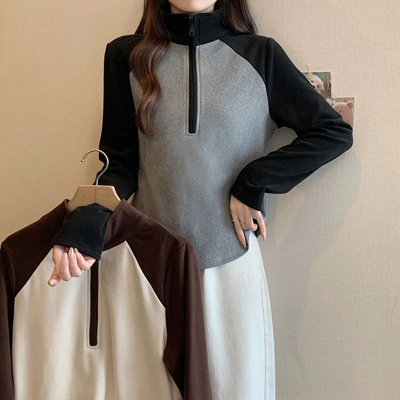 半拉链德绒内搭卫衣打底衫女秋冬新爆款立领磨毛撞色插肩长袖上衣
