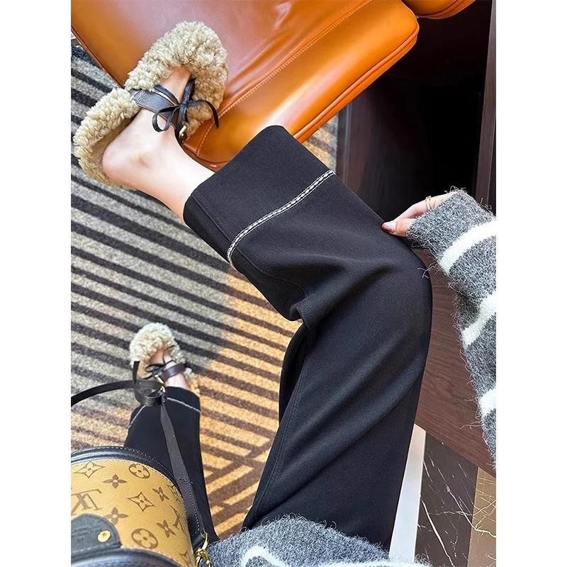 冬季加绒加厚黑色直筒牛仔裤女大码胖妹妹宽松显瘦百搭九分阔腿裤