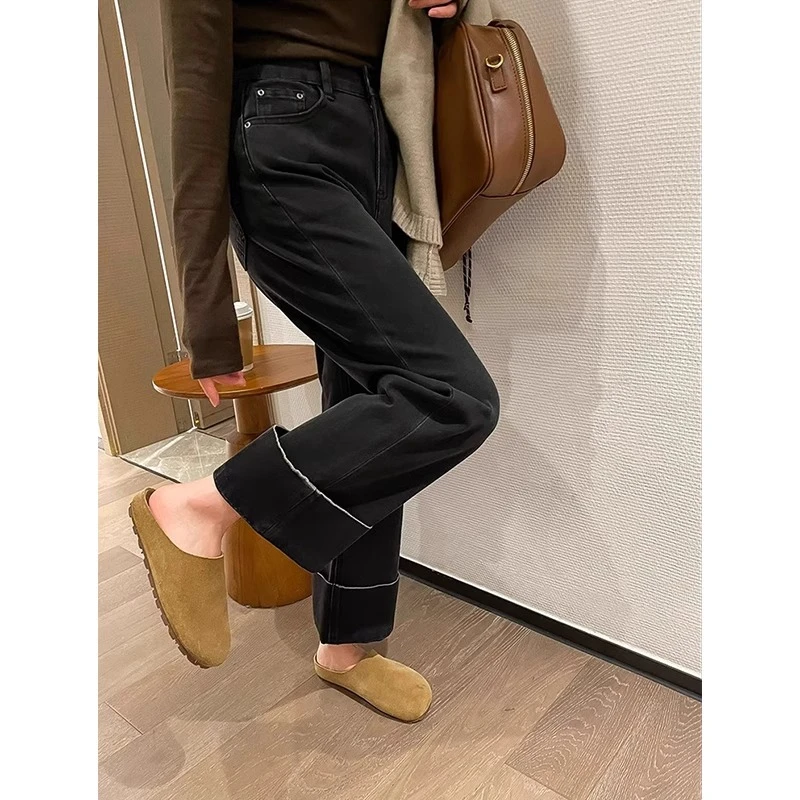 加绒加厚黑色直筒牛仔裤女大码胖mm冬季新款梨形身材弹力阔腿裤子