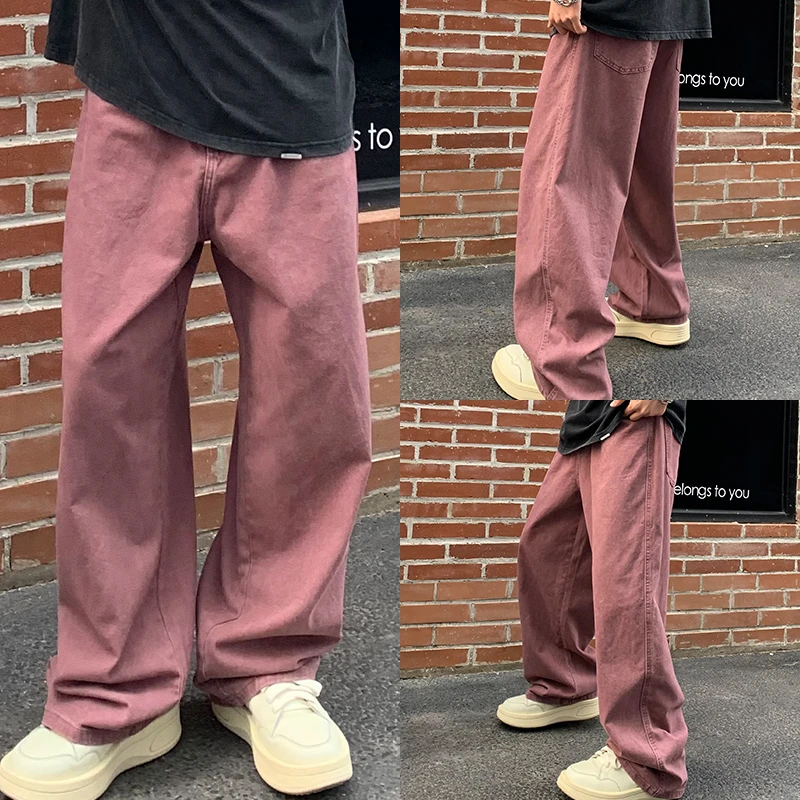 韩版洗水做旧酒红复古宽松牛仔裤男款百搭潮流纯色休闲裤ins垂感