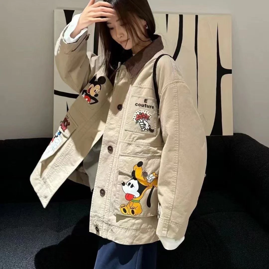 2024冬季新款欧货小众设计师款翻领卡通印花夹棉工装风宽松胖mm女