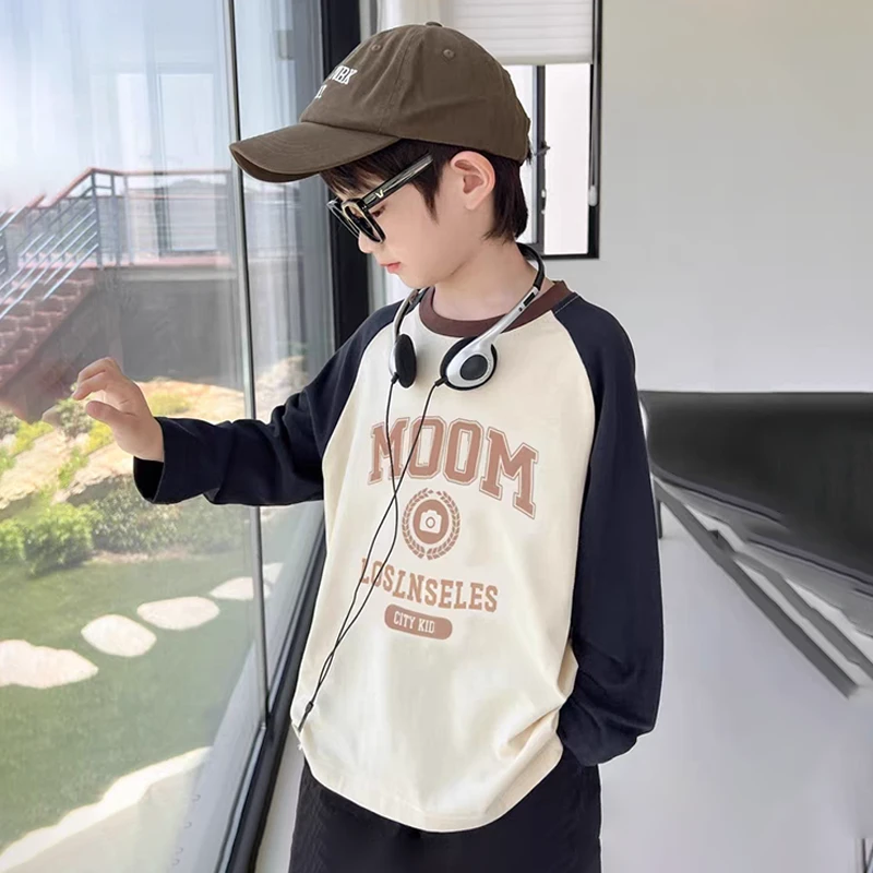 男童长袖t恤2025秋季新款中大童男孩字母撞色打底衫儿童潮牌体恤