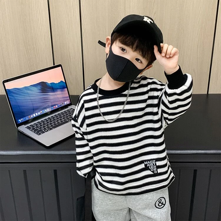 男童长袖T恤2025春季新款圆领条纹儿童打底衫男孩秋装韩版上衣潮