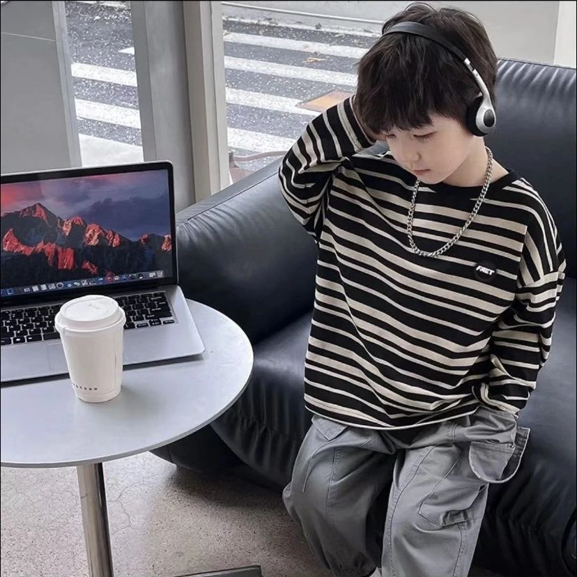 男童长袖T恤2025秋季新款圆领条纹儿童打底衫男孩秋装韩版上衣潮