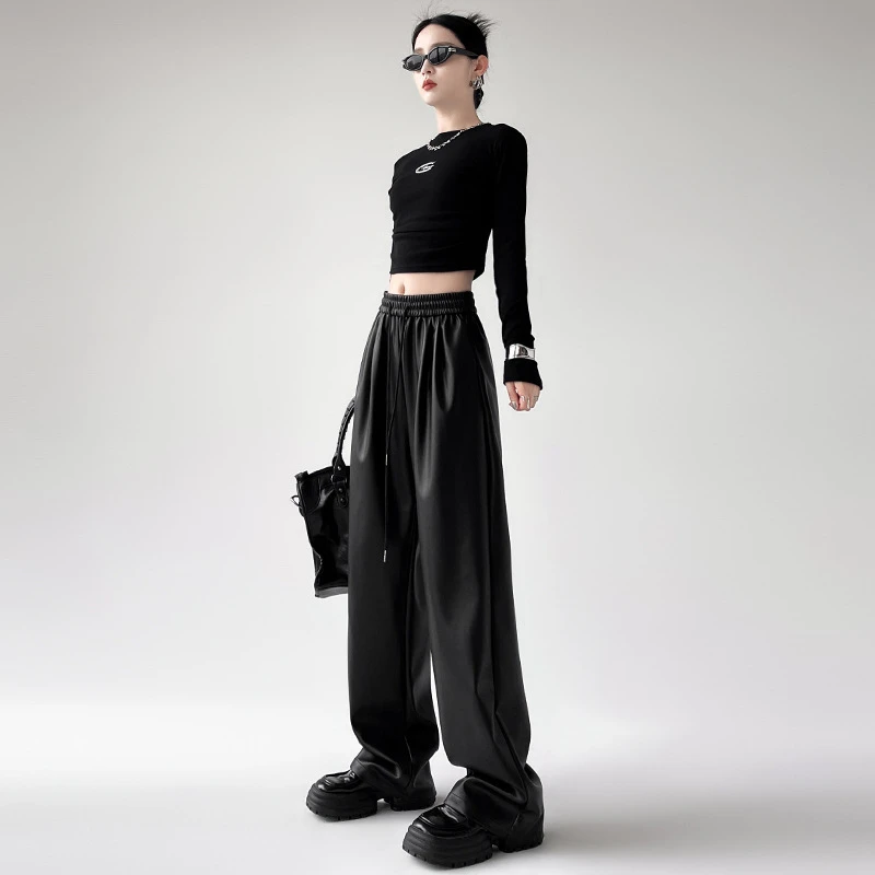 黑色皮裤女春秋季2024新款复古pu皮直筒显瘦秋冬高腰垂感阔腿裤子
