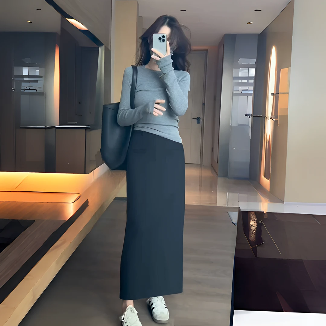 2026秋季新款修身显瘦气质毛针织衫上衣百搭高腰开叉垂感半身裙女