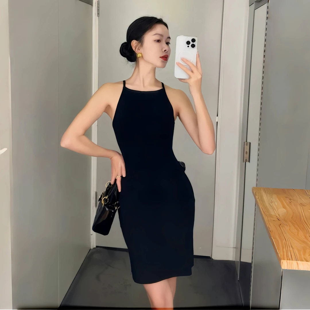 高定冰丝针织无袖背心裙女夏季新款法式小众修身工字背吊带小黑裙