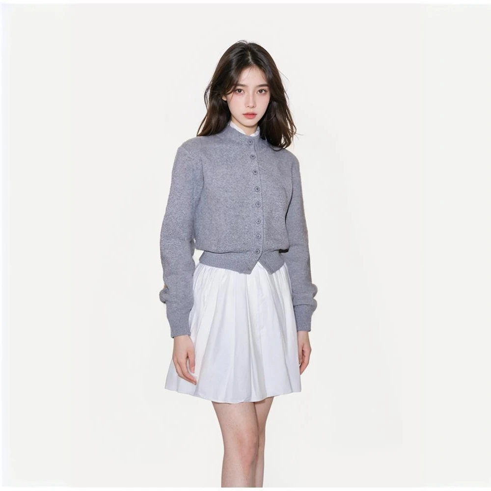 高级感拼接针织外套圆领单排扣针织开衫上衣搭配高腰蓬蓬裙女秋