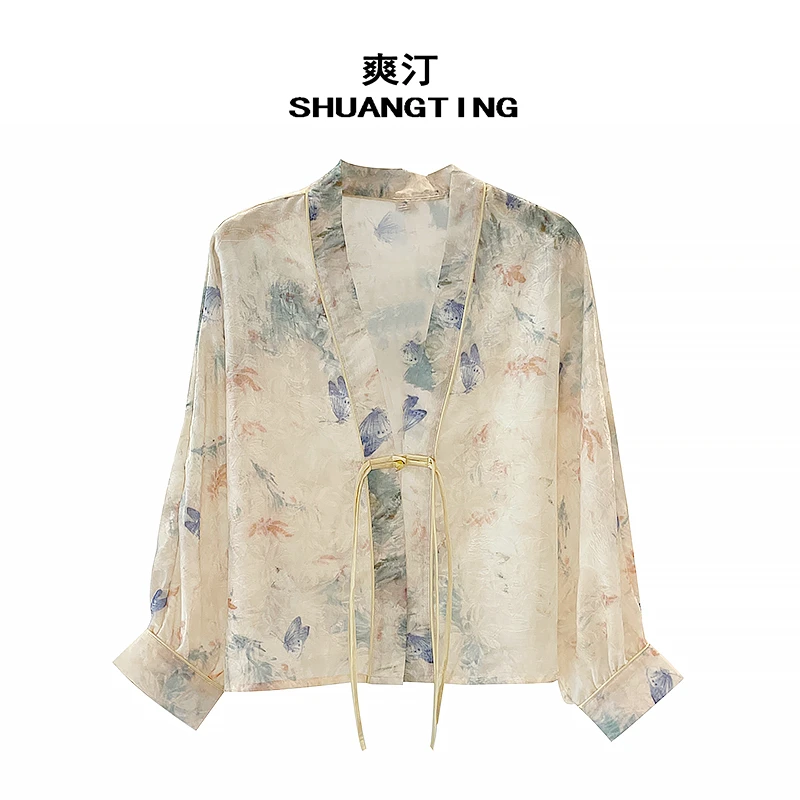 Jokara/丘可儿【惊鸿】短外套V领新中式纱面刺绣防晒蝙蝠袖小衫长袖