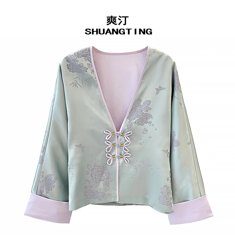 Jokara/丘可儿【渡凉昼】中式气质长袖盘扣上衣新中式提花撞色外套