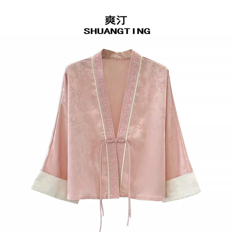 Jokara/丘可儿【星池】国风粉色防晒新中式轻奢提花蝙蝠袖撞色小衫