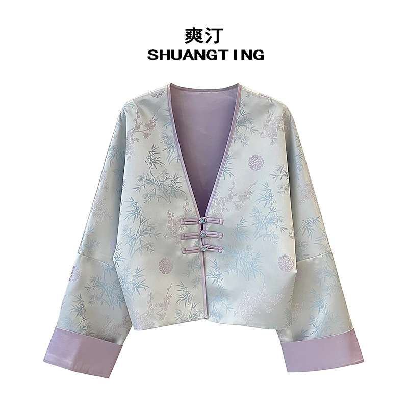 Jokara/丘可儿【念奴娇】中式长袖盘扣上衣新中式提花撞色女短外套