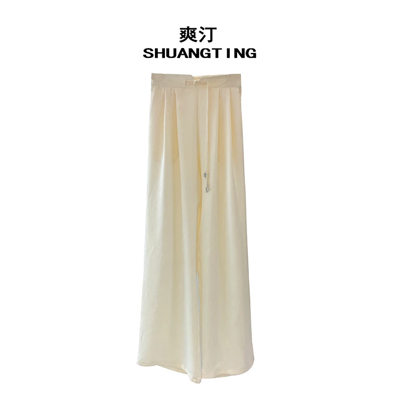 Jokara/丘可儿【奶芙裤】松紧腰垂感提花高腰宽松显瘦中式直筒裤