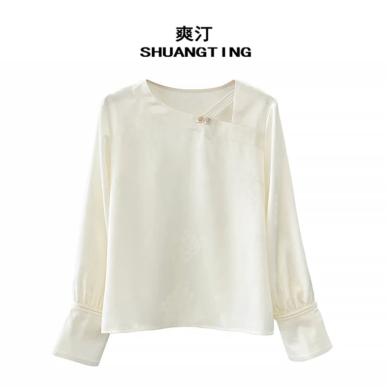 Jokara/丘可儿【欢颜】设计感镂空中式复古提花长袖衬衫套头衬衣春