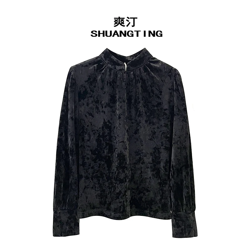 Jokara/丘可儿【江篱】中式气质金丝绒复古打底百搭立领春季上衣