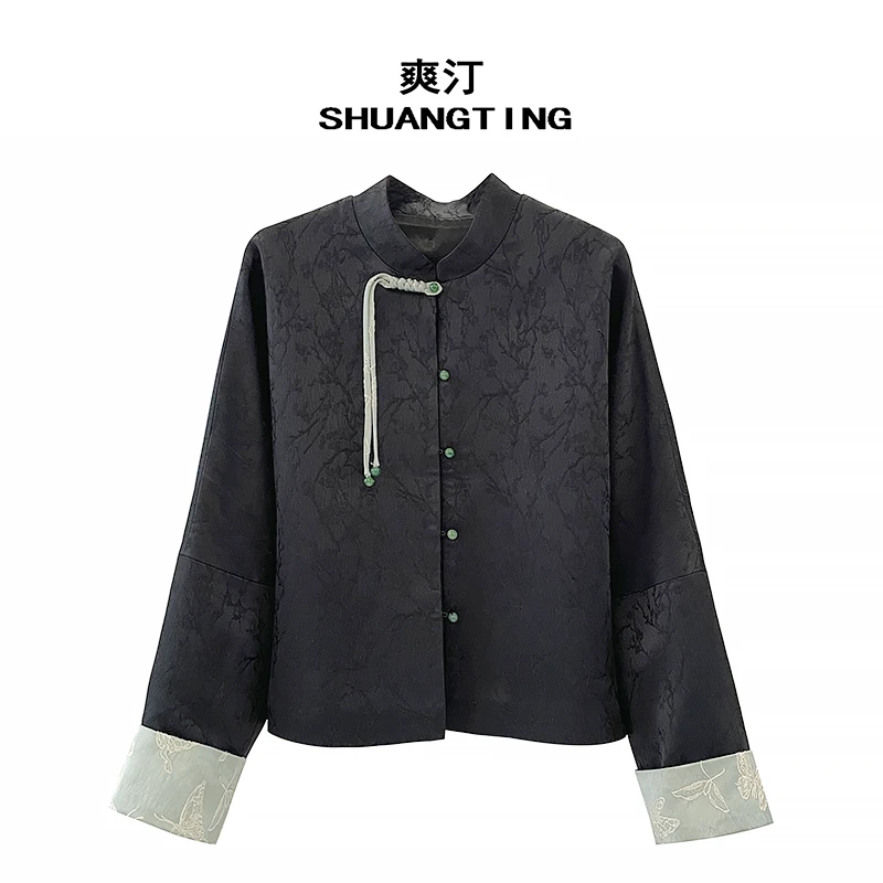 Jokara/丘可儿【铅华】新中式提花衬衣复古钉珠长袖拼接斜襟衬衫