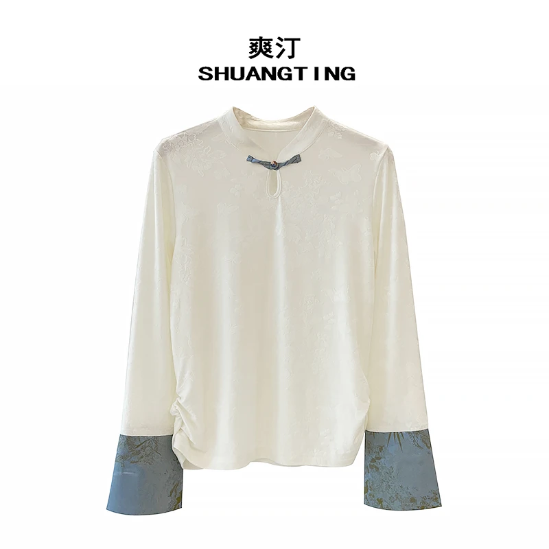 Jokara/丘可儿【苏方】设计师提花打底复古钉珠长袖气质捏褶上衣