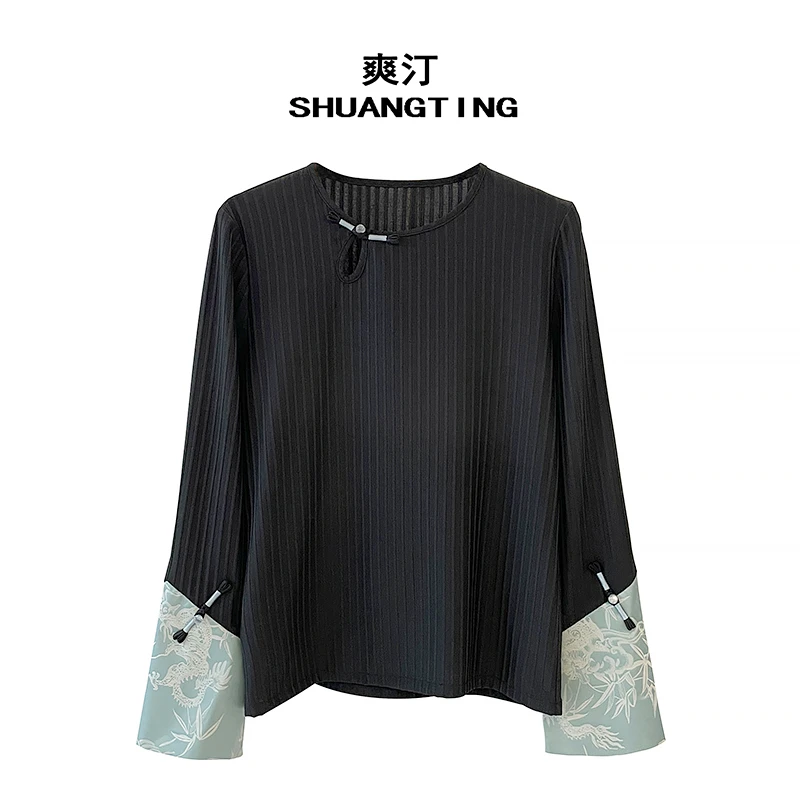 Jokara/丘可儿【秀川】针织显瘦打底拼接长袖提花套头盘扣衬衣