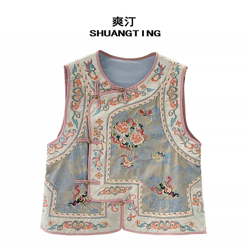 Jokara/丘可儿【探花慢】民族风重磅刺绣马甲复古盘扣提花织锦马夹