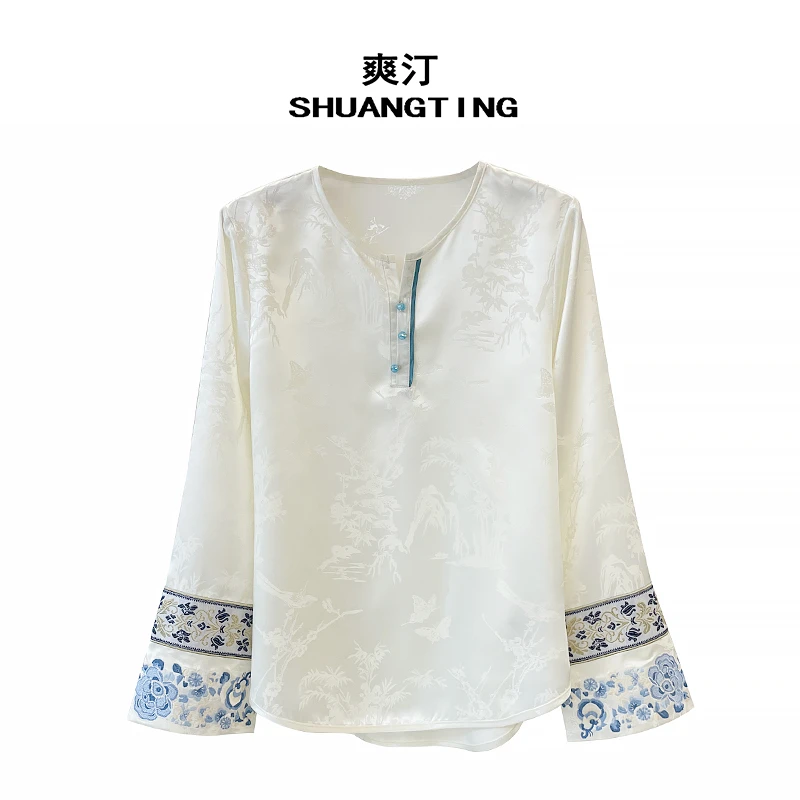 Jokara/丘可儿【半山】重磅绣花拼接长袖衬衫国风时尚V领衬衣春款