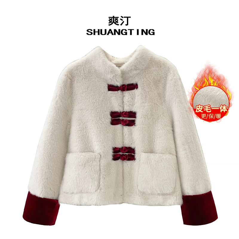 Jokara/丘可儿【羽裳仙】中式盘扣加厚贵气外套保暖皮毛一体上衣冬