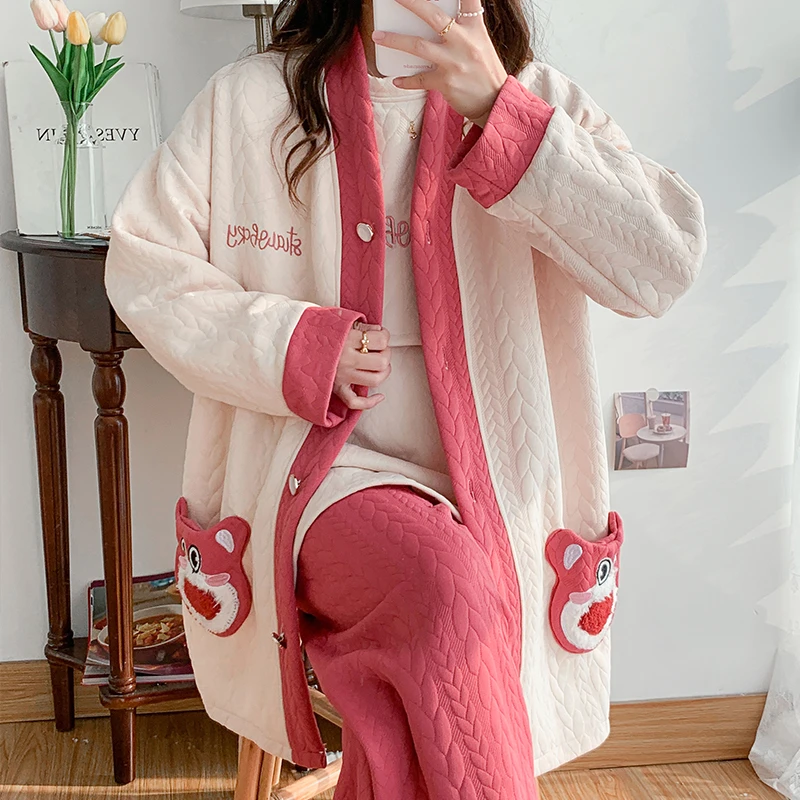 【10-2月空气棉】三件套月子服秋冬哺乳产后孕妇夹层纯棉睡衣套装