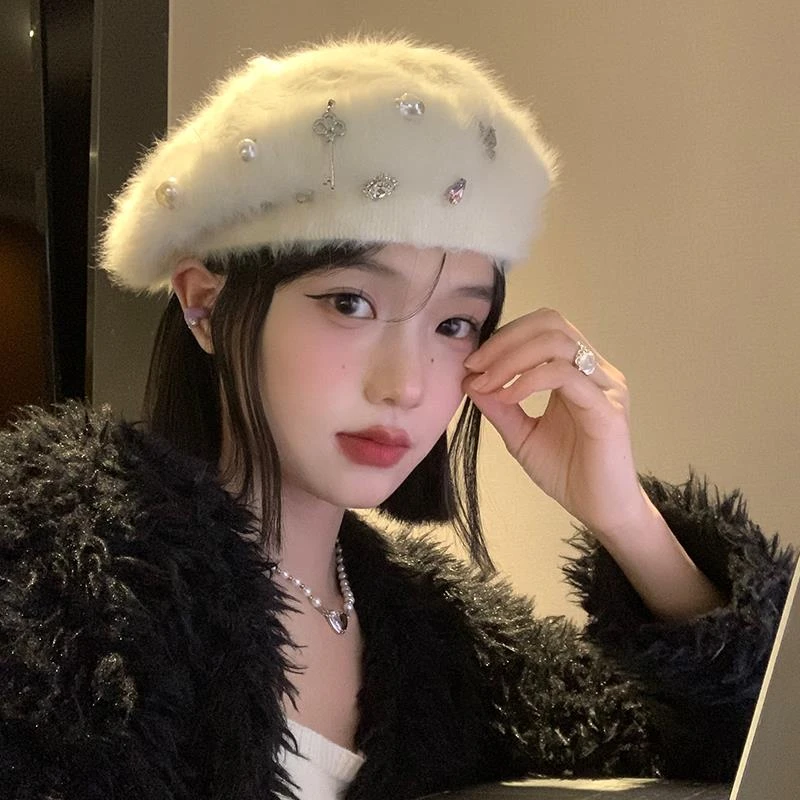 水钻兔毛贝雷帽女百搭时尚显脸小保暖加厚帽日系大头围白色帽子