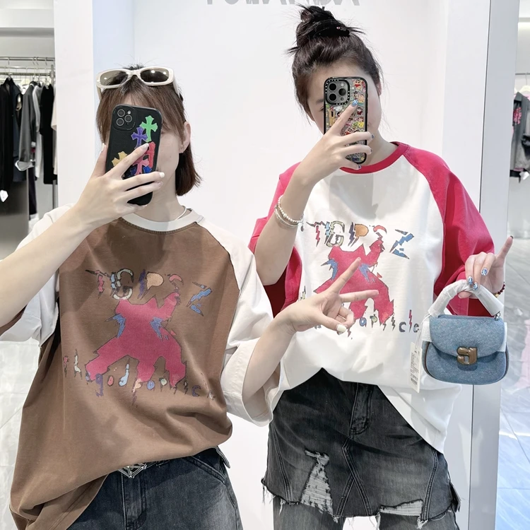 THE GOD PARTICLE 夏季新款字母卡通猫印花TGP闪电猫咪插肩袖T恤