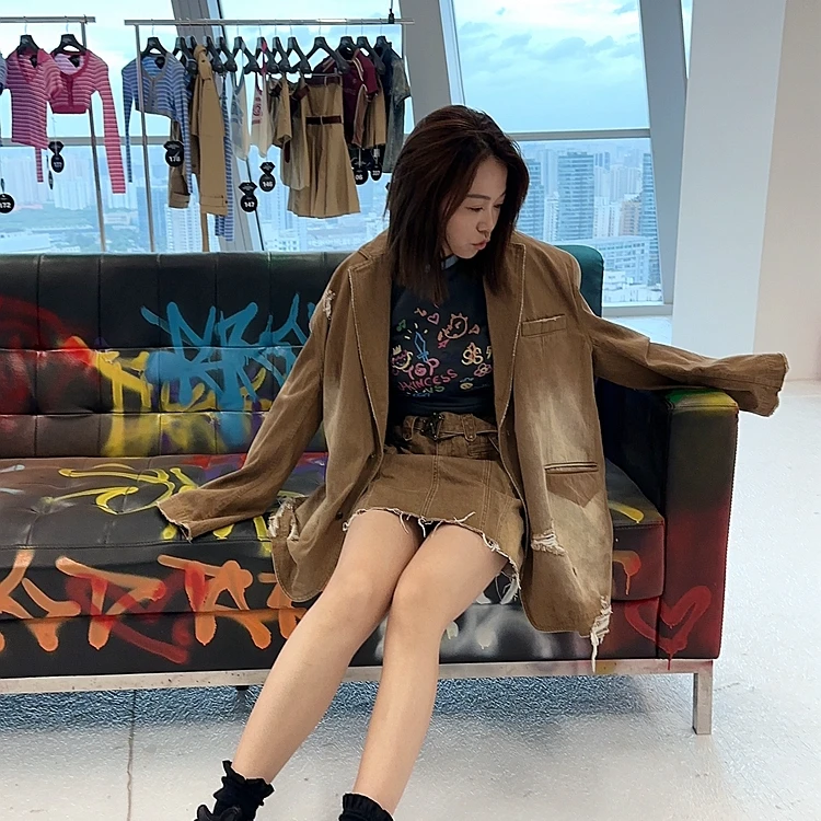 THE GOD PARTICLE 春季新款TGP做旧破坏感渐变丹宁西装夹克女包邮