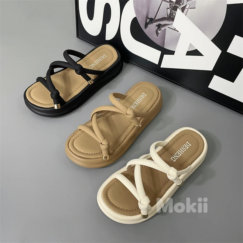 【Mokii】厚底系绳线条一字2024新款夏外穿软底百搭休闲韩版凉拖鞋