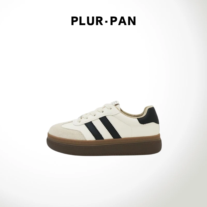 PLUR·PAN复古撞色加绒系带平底软底德训鞋 182